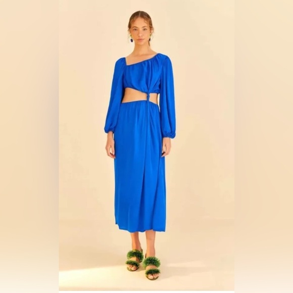 Farm Rio Blue Satin Long Sleeve Cut Out Knot Royal Blue Midi Dress Sz Small NWT - Picture 1 of 16